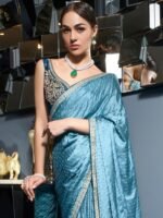 Women's Satin Silk Teal Woven Designer Saree with Unstitched Blouse - Image 4