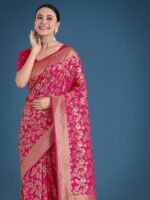 Silk Rani Pink Zaal Pattern Saree with Unstitched Blouse - Image 3