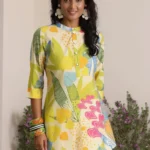 Cream Printed Silk Blend Straight Kurti