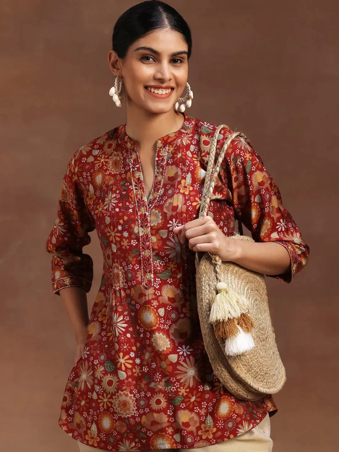 29110O_1.webp Red Printed Silk Blend A-Line Kurti - Image 1
