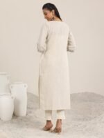 Off White Solid Cotton Blend Straight Kurta - Image 3