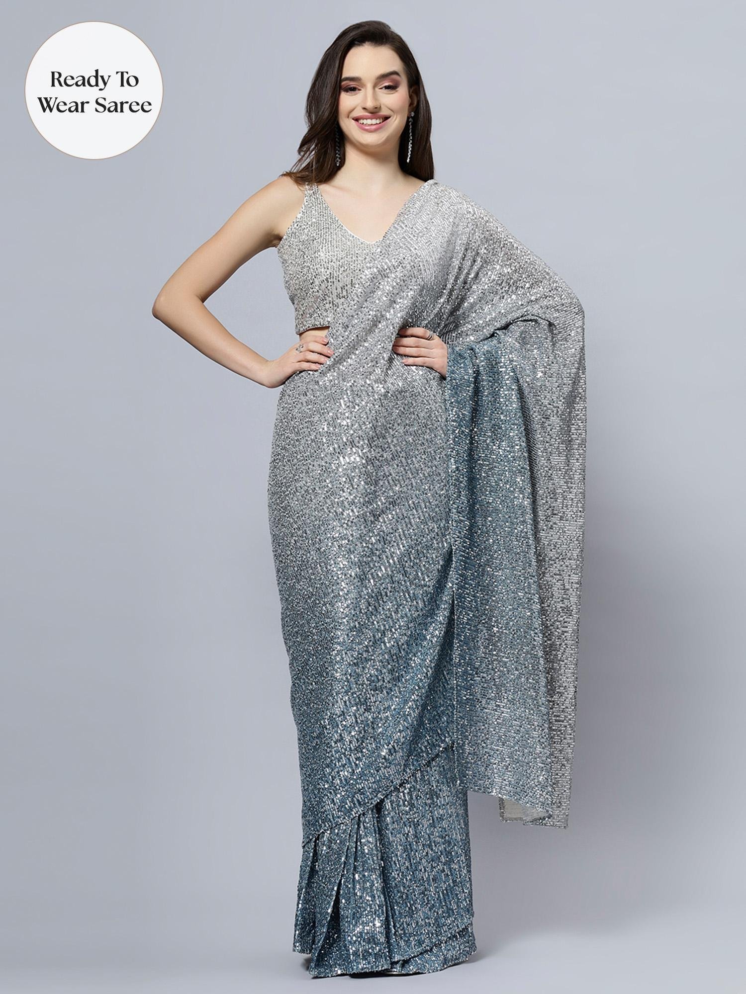 3169b04OMSSRP02_1.jpg Madelyn Luxe Steel Ombre Sequin Pre Draped Saree with Unstitched Blouse - Image 1