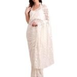 Women's Cotton Crochet Off-White Saree Without Blouse – Stunning Net Fix Embellishments, Indian Ethnic Wear for Women, Traditional Saree for Parties, Weddings, and Festivals