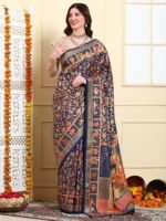 Women Royal Blue Patola Silk Saree with Unstitched Blouse