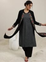 Black Embroidered Wool Straight Kurta - Image 2