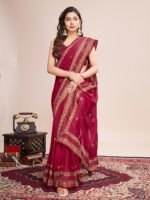 Women Pink Art Silk Embroidered Saree with Unstitched Blouse - Image 3