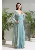Dusty Blue Saree with Stitched Blouse and Jacket - Image 3