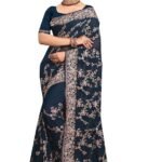 Teal Blue Zari Resham Embroidered Georgette Saree Sari with Matching Blouse Piece