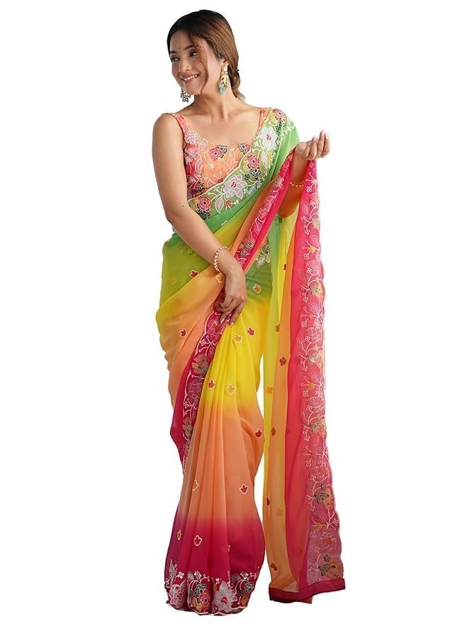 71vBfKvgukL._SY879_.jpg Women's Multicolor Georgette Embroidered Saree With Unstitched Blouse - Image 1