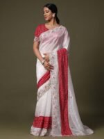 Womens Tissue White Embellished Designer Saree With Unstitched Blouse - Image 4