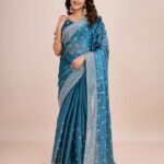 Blue Embroidered Pre-Drapped Saree with Unstitched Blouse
