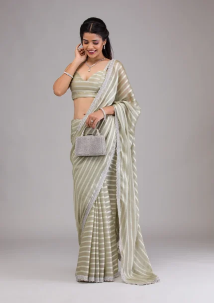 Pista Green Stonework Semi Crepe Saree