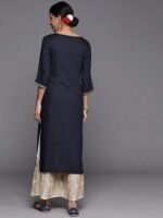 Navy Blue Yoke Design Rayon Straight Kurta - Image 4