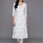 Off White Printed Cotton Straight Kurta
